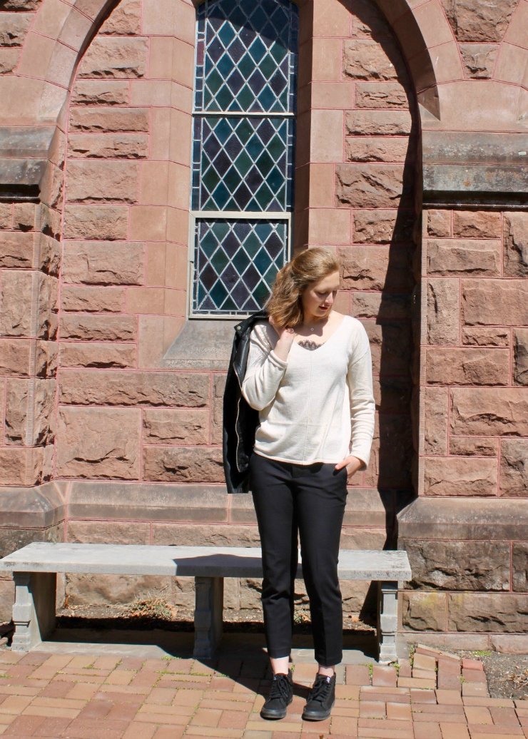 lace peeking out of vneck sweater, trousers, leather jacket and high top Vans #fashion