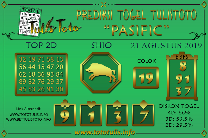 Prediksi Togel PASIFIC TULISTOTO 21 AGUSTUS 2019