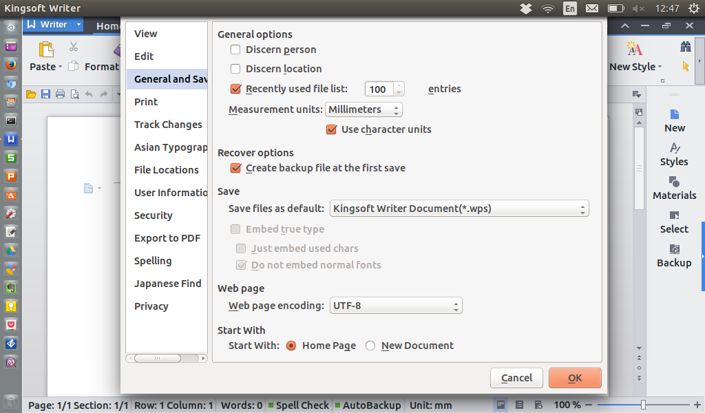 Default po files. Kingsoft writer. debian default locale settings as default.