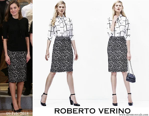 Queen Letizia wore Roberto Verino Jacquard pencil skirt