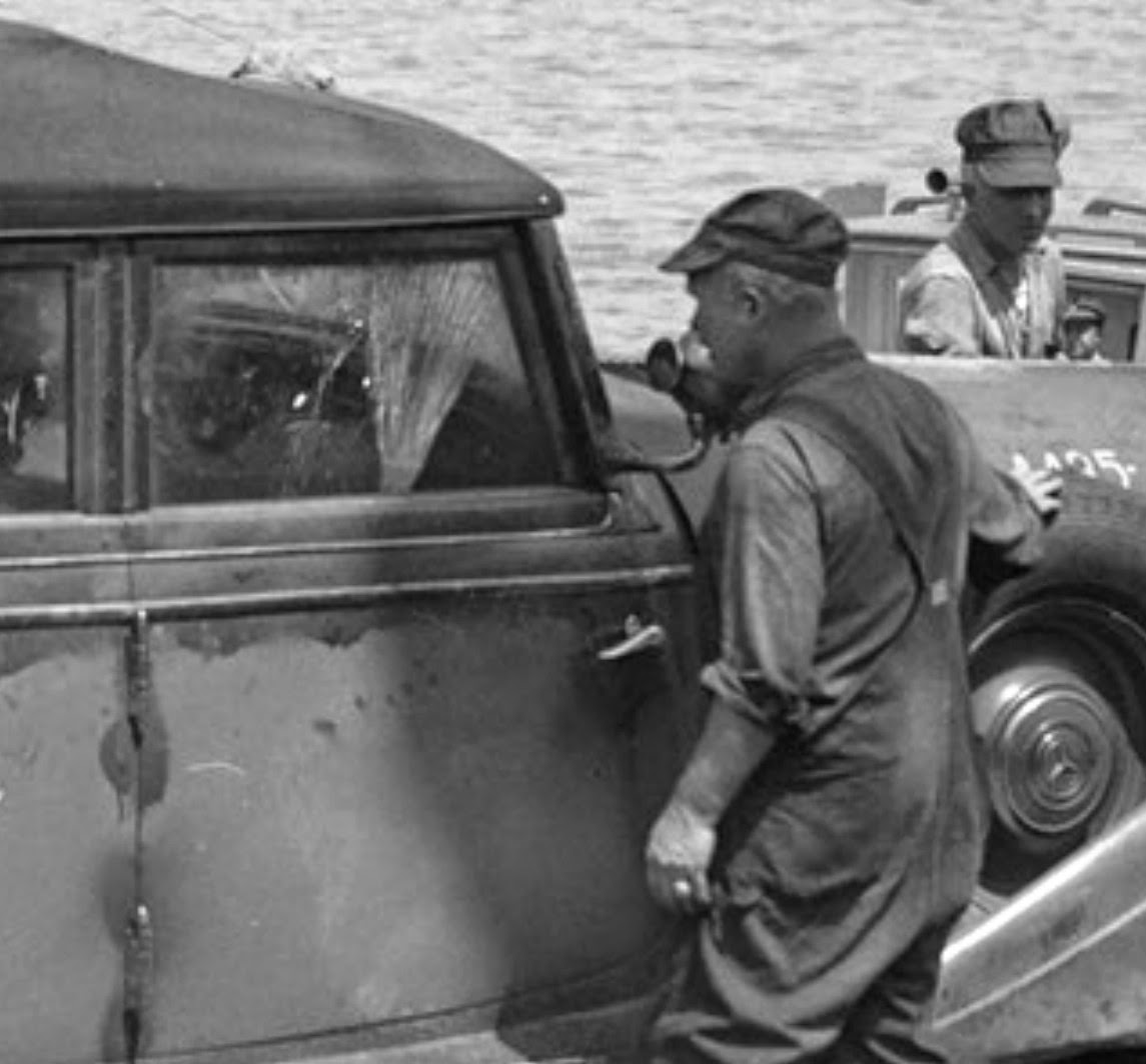 Closeup - shattered glass on Hitler's Mercedes limousine - Boston Harbour 1945