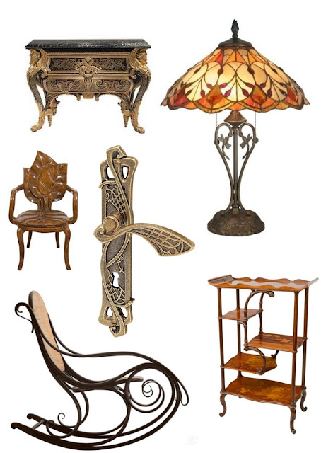 art nouveau papel tapiz, lamparas, muebles y obras de arte