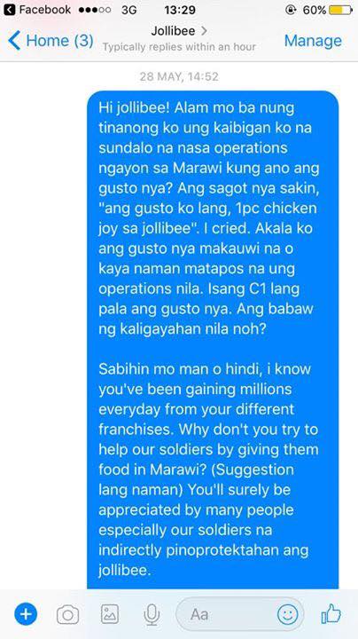 1pc Chicken Joy Simple Wish for PH Troops in Marawi, Gets Seenzoned by Jollibee, Concerned Citizens to the Rescue. 1pc Chicken Joy Simple Wish for PH Troops in Marawi, Gets Seenzoned by Jollibee, Concerned Citizens to the Rescue.