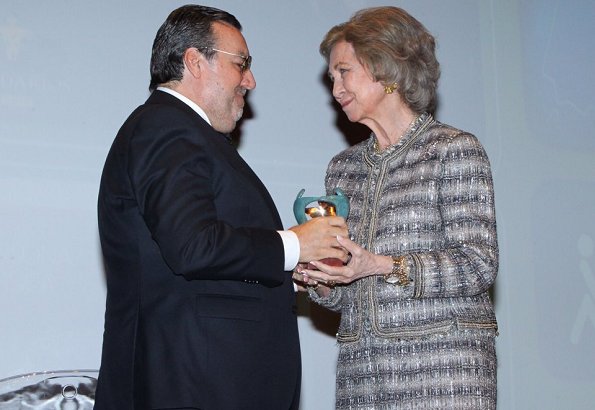 Queen Sofia received the award from President of Social Group of ONCE, Miguel Carballeda of at The Queen Sofía Museum in Madrid.