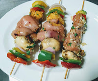 Bell pepper chicken mushrooms pineapple onion in wooden stick for easy Hawaiian chicken kebabs kabobs recipe