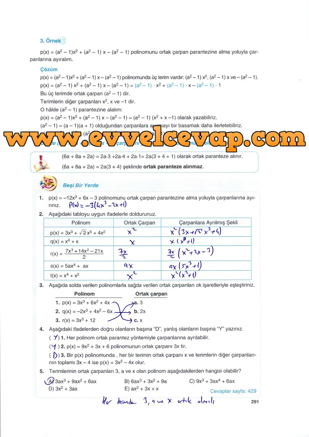 10. Sınıf Matematik Tuna Yayınları Ders Kitabı 291. Sayfa Çözümleri 10. Sınıf Matematik Tuna Yayınları Ders Kitabı 291. Sayfa Çözümleri