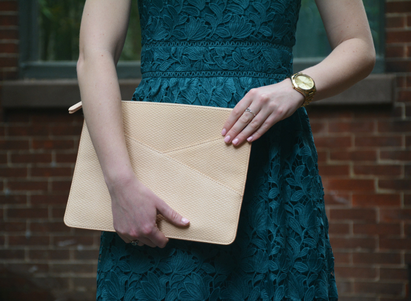 lace teal dress nude clutch