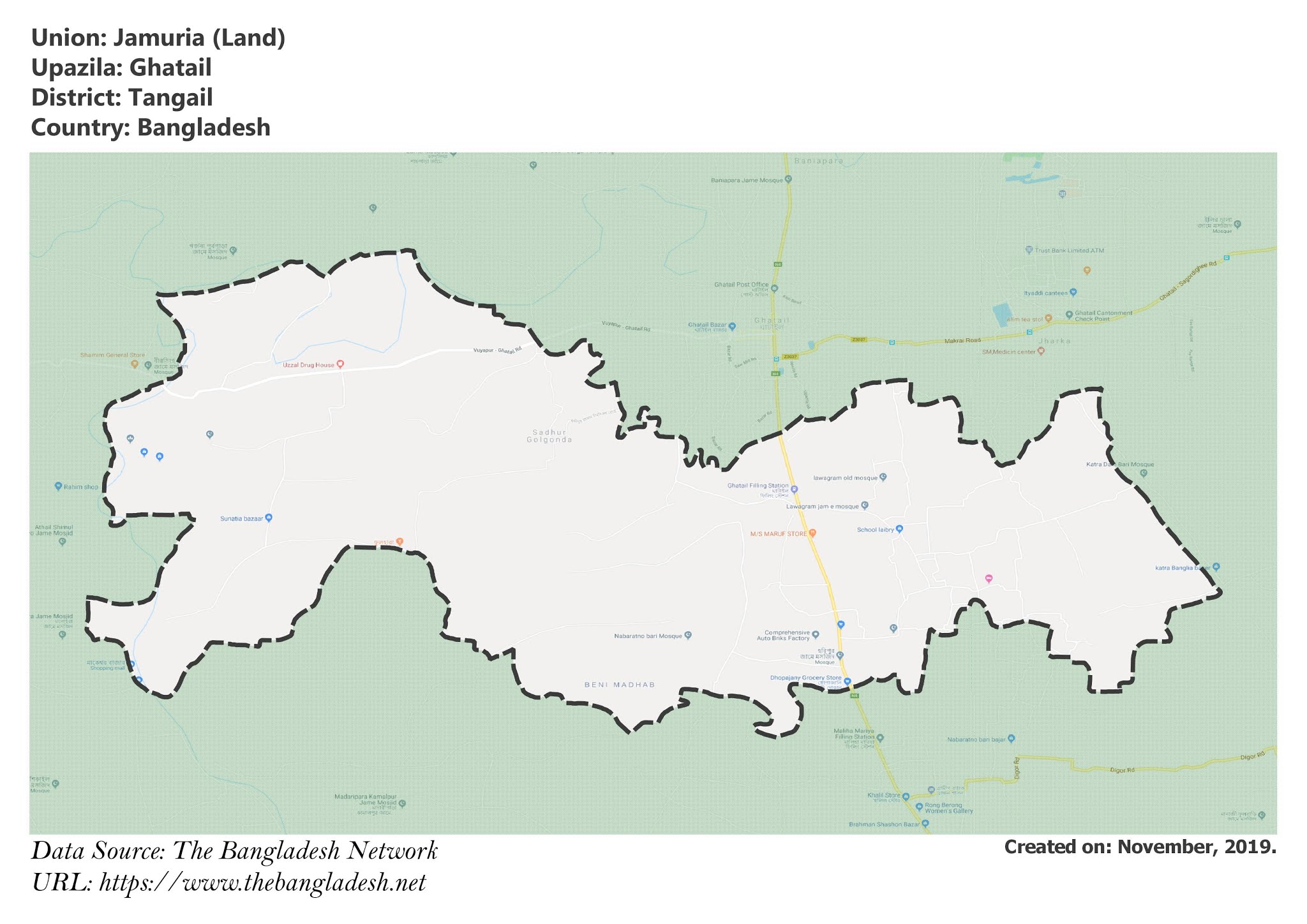 Map of Jamuria of Tangail, Bangladesh.