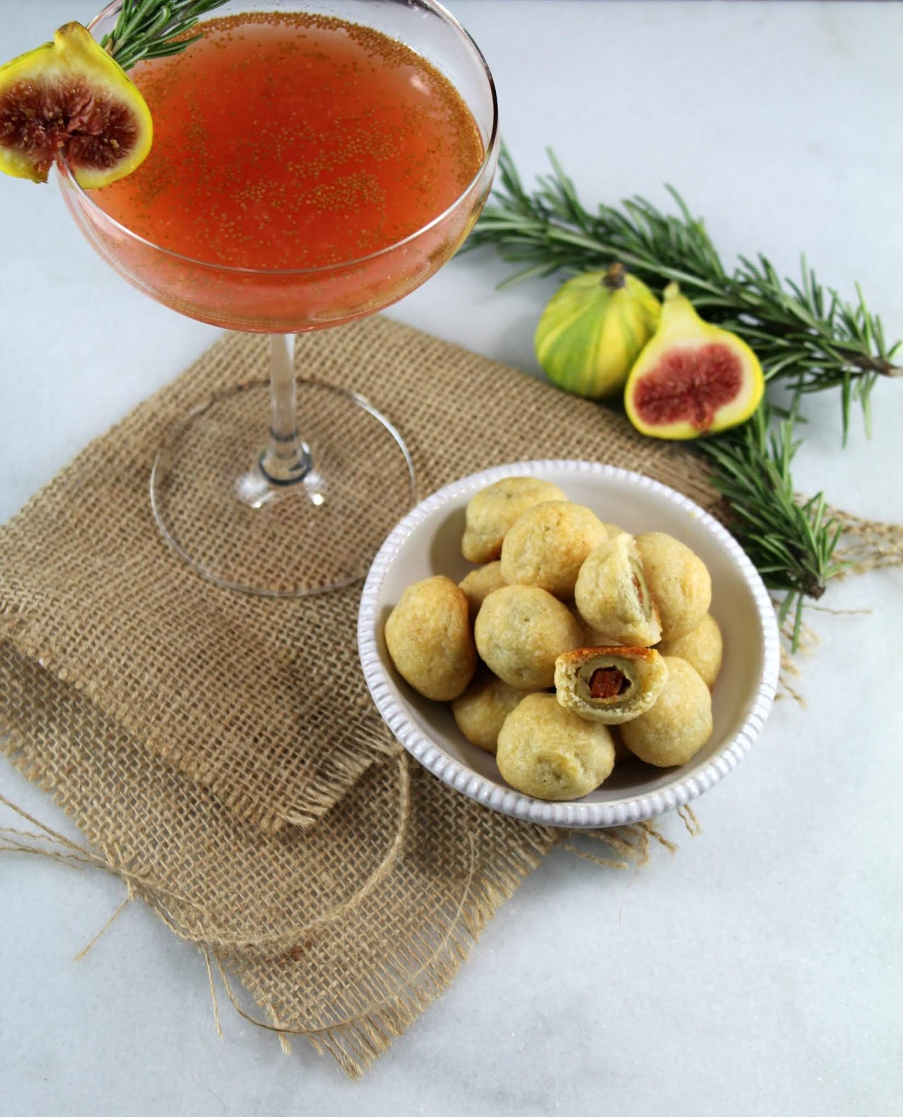 Authentic Suburban Gourmet Fig Cocktail + Gruyere Baked Olives