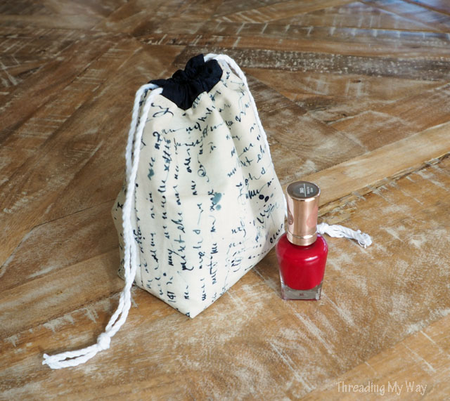Make a drawstring bag, complete with divider, to hold nail polish. Tutorial by Threading My Way.