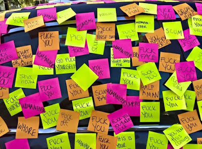 Getting your ride  secured in 'F*** you' post-it notes is not an indication of friendship 