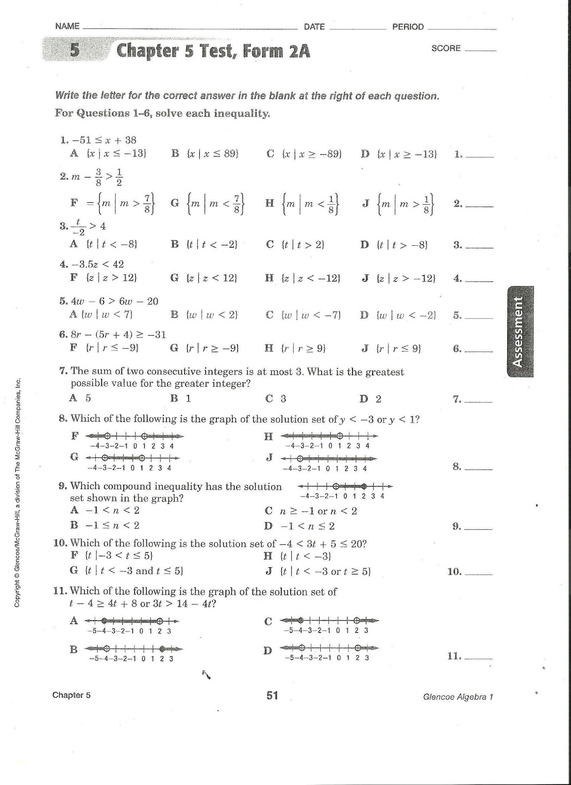 Coach Gober S Algebra Class Chapter 5 Test Form 2a Assigned January 15