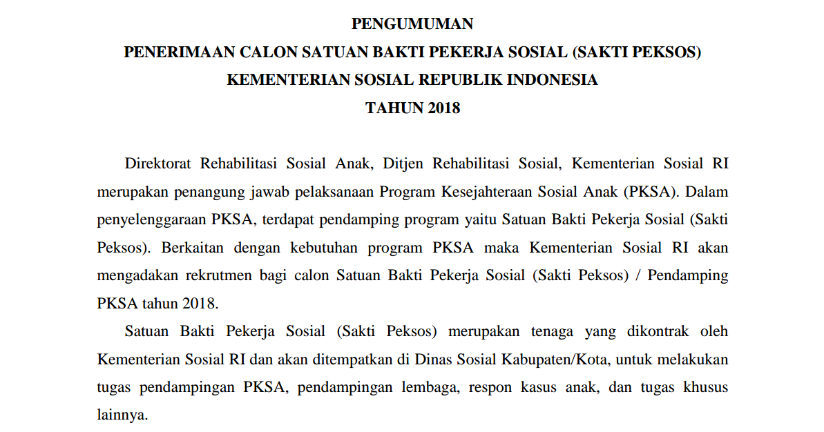 Inilah Syarat Calon Pelamar Rekrutmen Program Sakti Peksos Kemensos Ri Tahun 2018 Inulwara