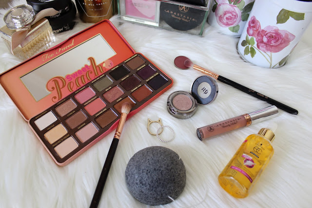 current favourites, favourites, may favourites, flatlay, too faced, sweet peach, abh