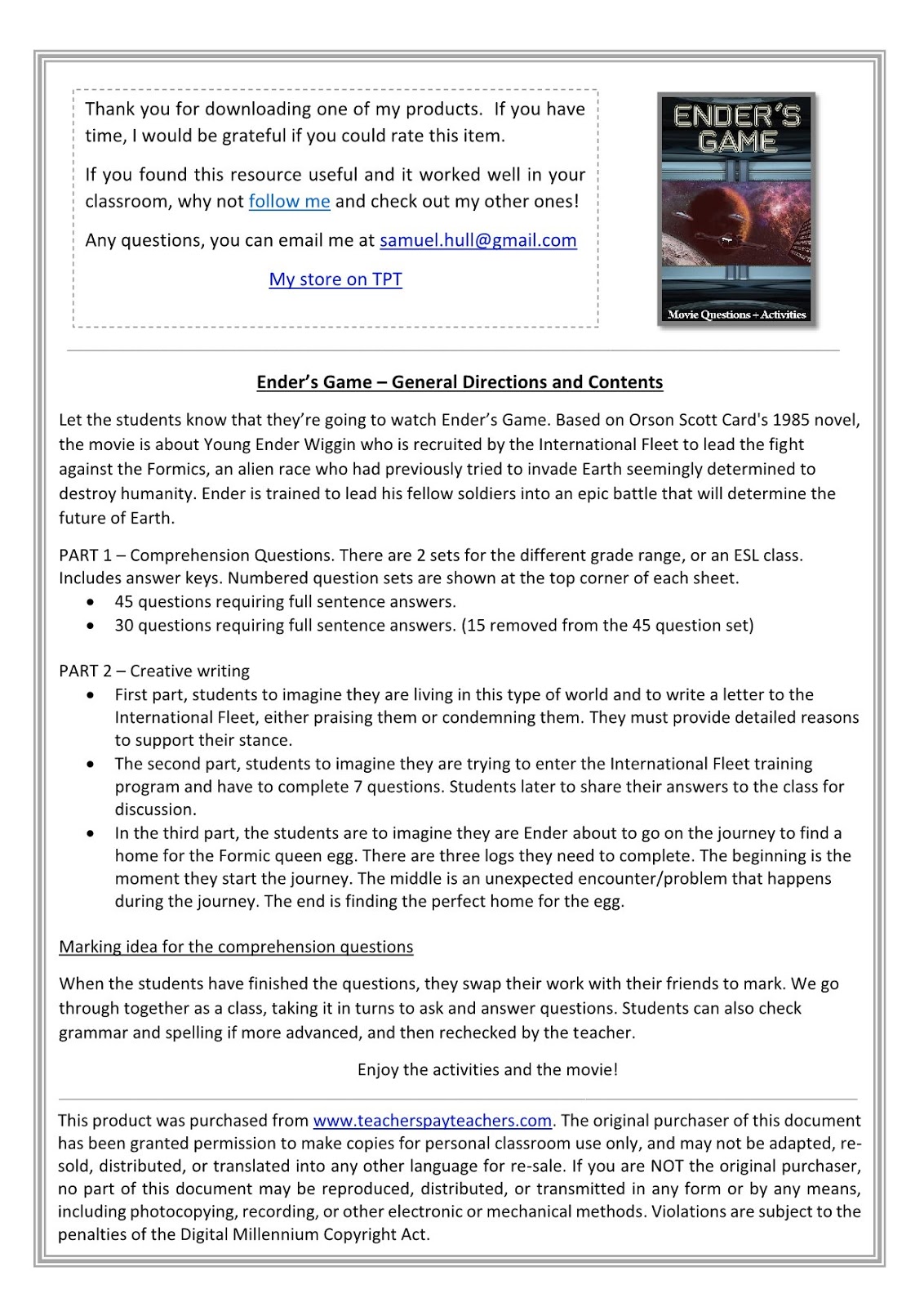 Ender's Game Movie Guide + Activities Answer Keys Included Movie