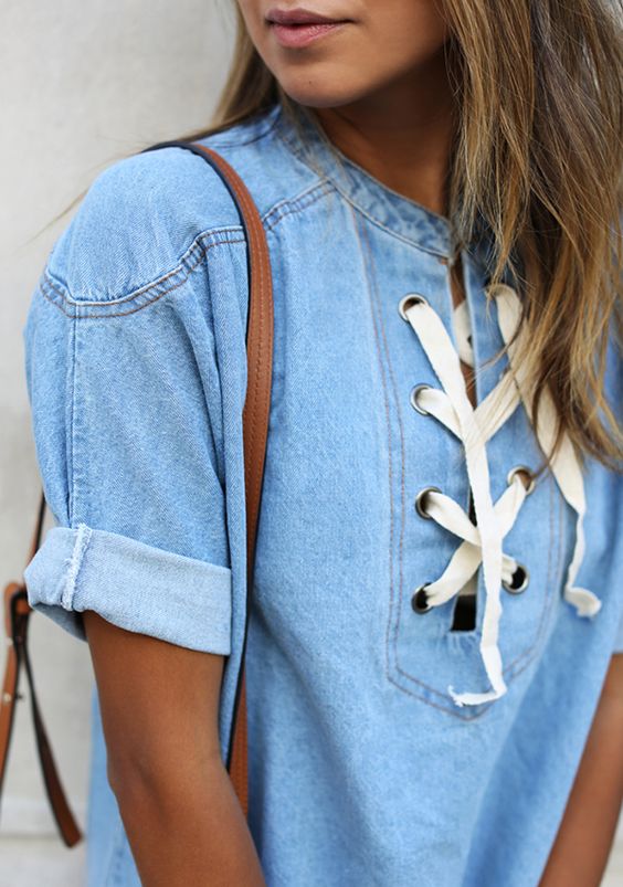 Sincerely Jules Lace Up Tunic Denim Dress