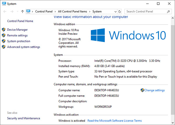 Computer Properties on Windows 10