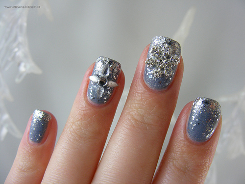 Blue Grey Glittery Nails