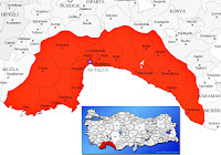 Antalya ili ve ilçeleriyle birlikte çevre il ve ilçeleri de gösteren harita