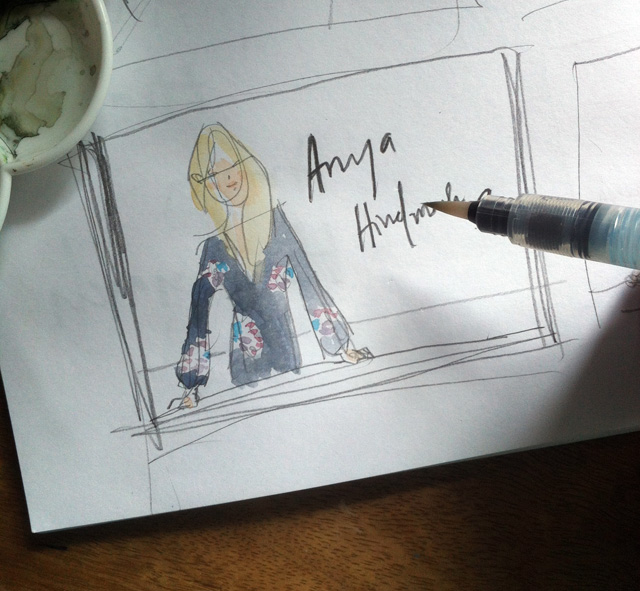 Anya Hindmarch sketch, blonde woman in floral shirt