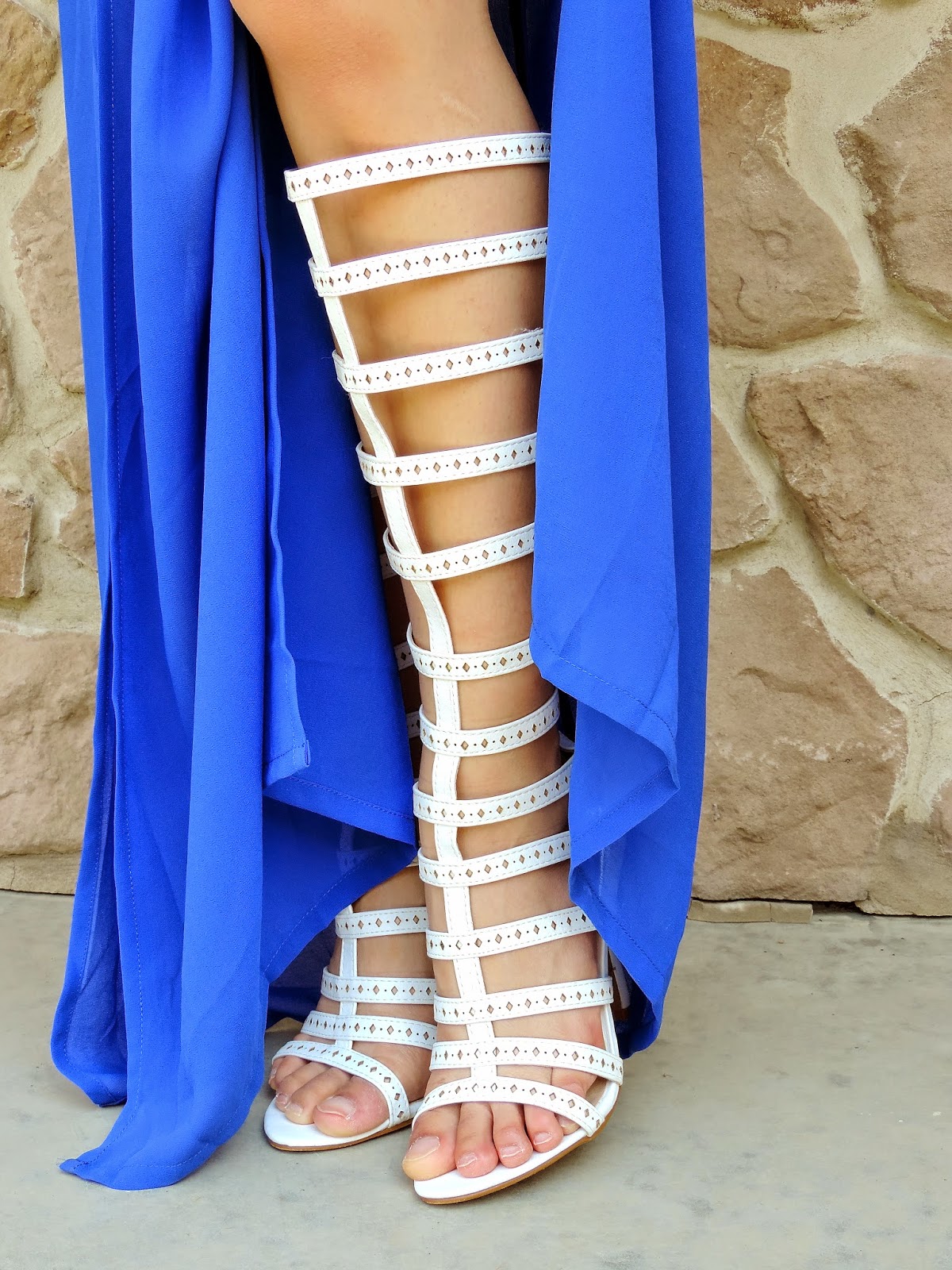 white gladiator block heels