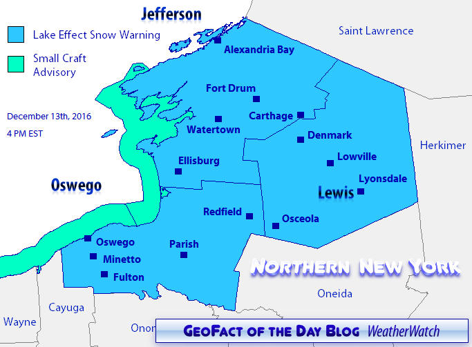 Lake effect snow warnings for northern New York's Jefferson, Lewis, and Oswego counties Lake effect snow warnings for northern New York's Jefferson, Lewis, and Oswego counties