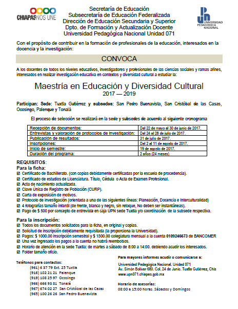 Descarga la convocatoria "Maestría en Educación y Diversidad Cultural 2017-2019"