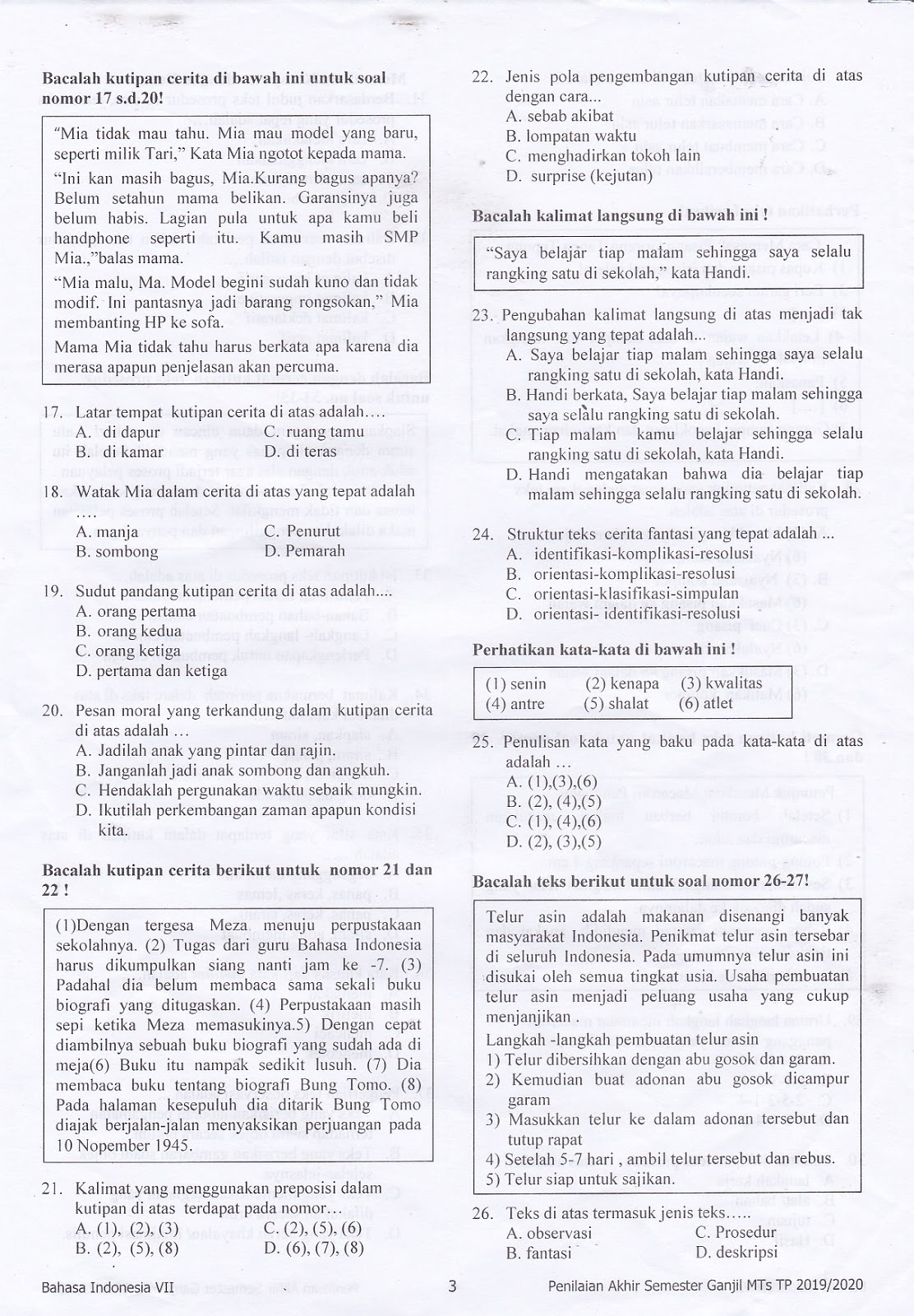 Kumpulan Soal Bahasa Indonesia MTs Soal UAS Kelas 7