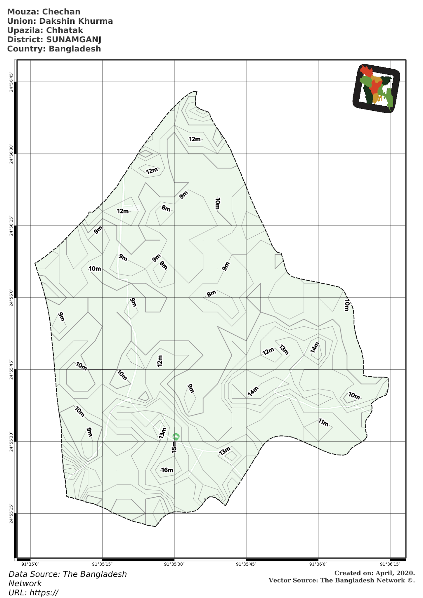 Map of Chechan Mouza of Chhatak Upazila, SUNAMGANJ, Bangladesh.