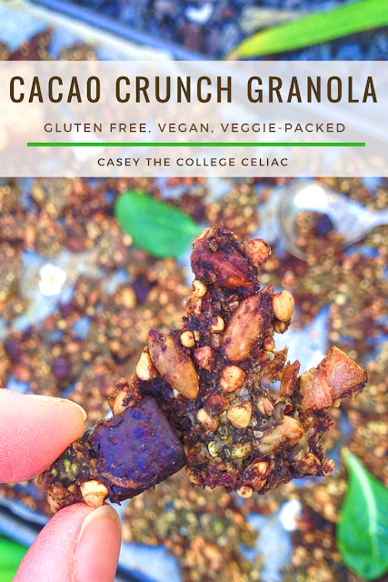 Craving a gluten free granola recipe that is as healthy as it is tasty? This cacao crunch granola is gluten free and vegan, plus it's loaded with hidden veggies like zucchini and spinach. You won't be able to beat this gluten free granola recipe.