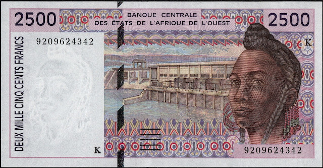 West African States Currency 2500 CFA Francs banknote 1992 Portrait of a young african woman with traditional braided hairstyle