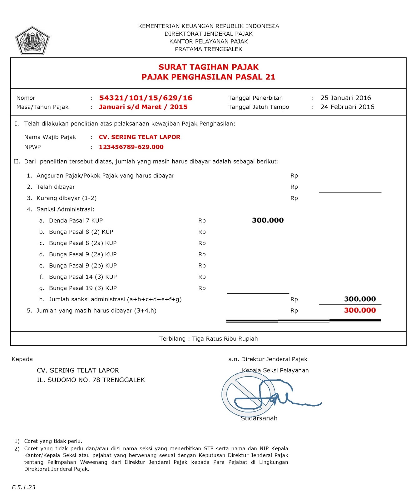 Contoh Pengisian Permohonan Pengurangan atau Penghapusan Sanksi