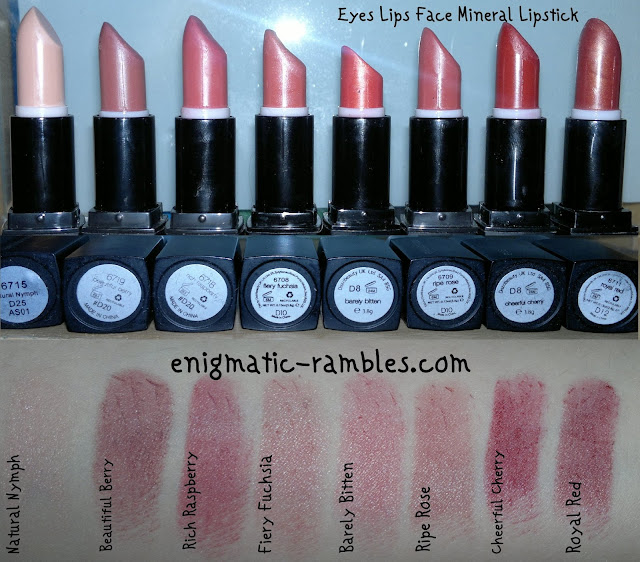 elf-eyes-lips-face-mineral-lipstick-swatches-swatch-natural-nymph-beautiful-berry-rich-raspberry-fiery-fuchsia-barely-bitten-ripe-rose-cheerful-cherry-royal-red