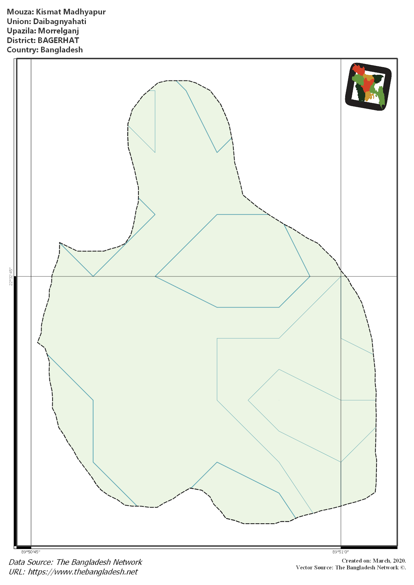 Map of Kismat Madhyapur Mouza of Morrelganj Upazila, BAGERHAT, Bangladesh.