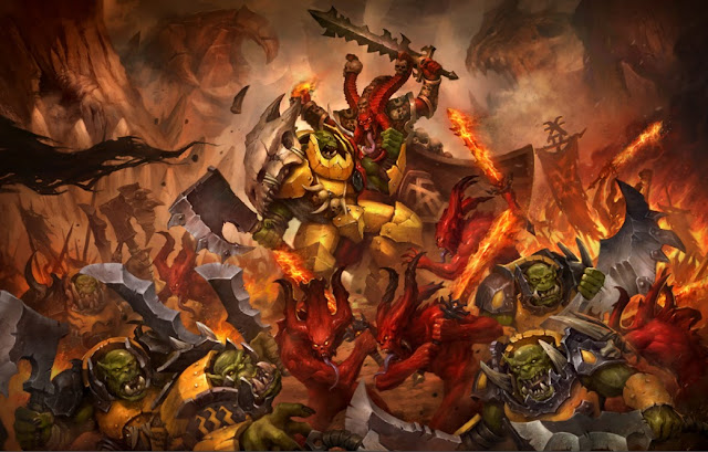 Warhammer age of sigmar khorne bloodletters vs orruks artwork battle ilustration fantasy 1