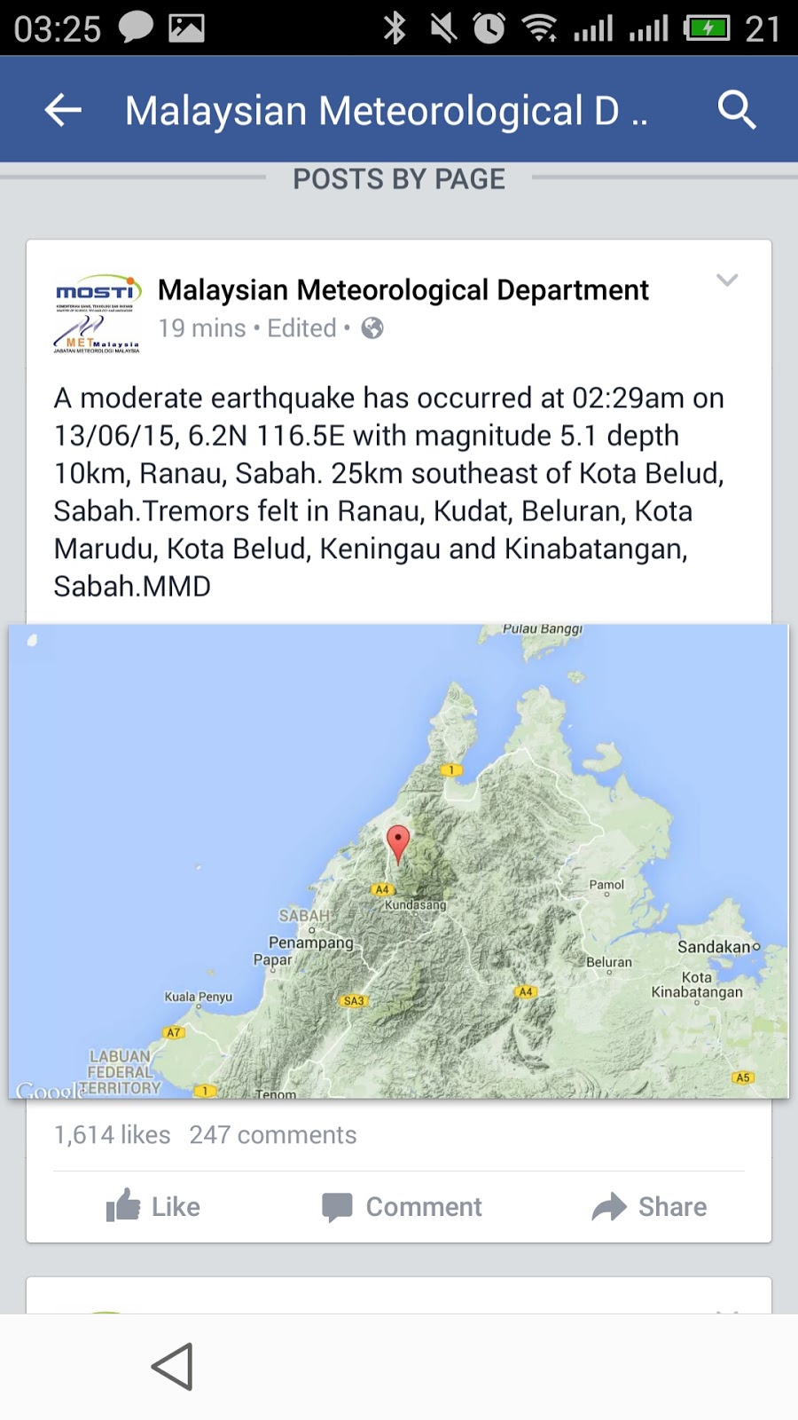 Gempa Bumi Sabah 5.2 Skala Ritcher 13 Jun 2015