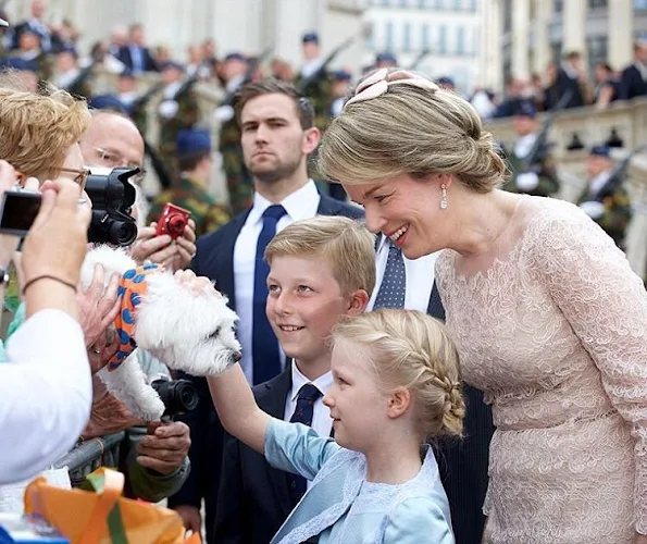 King Philippe, Queen Mathilde, Crown Princess Elisabeth, Princess Eleonore, Prince Gabriel and Prince Emmanuel, Mathilde wore Natan Lace Dress