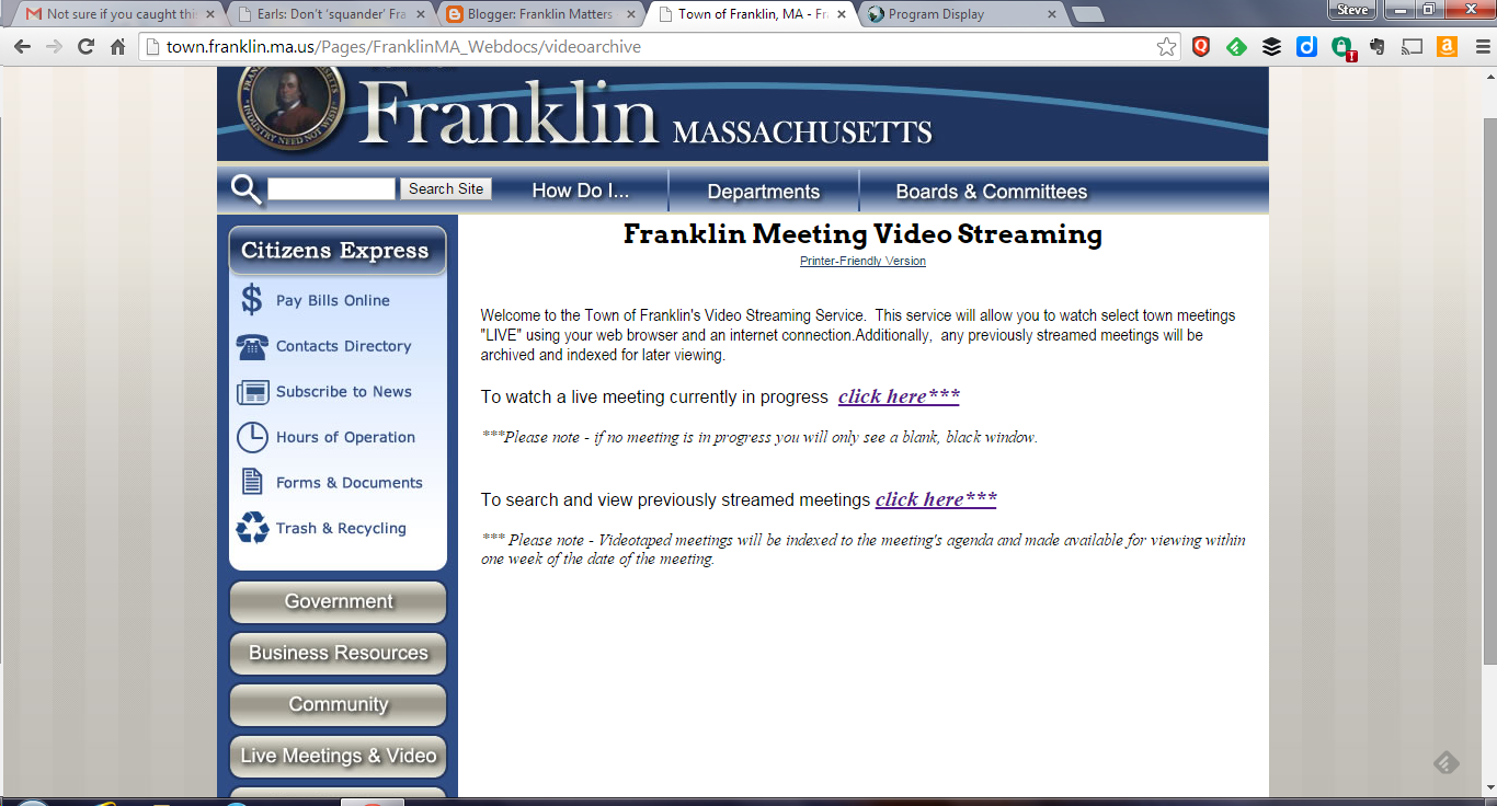Franklin webpage for live video and video archives