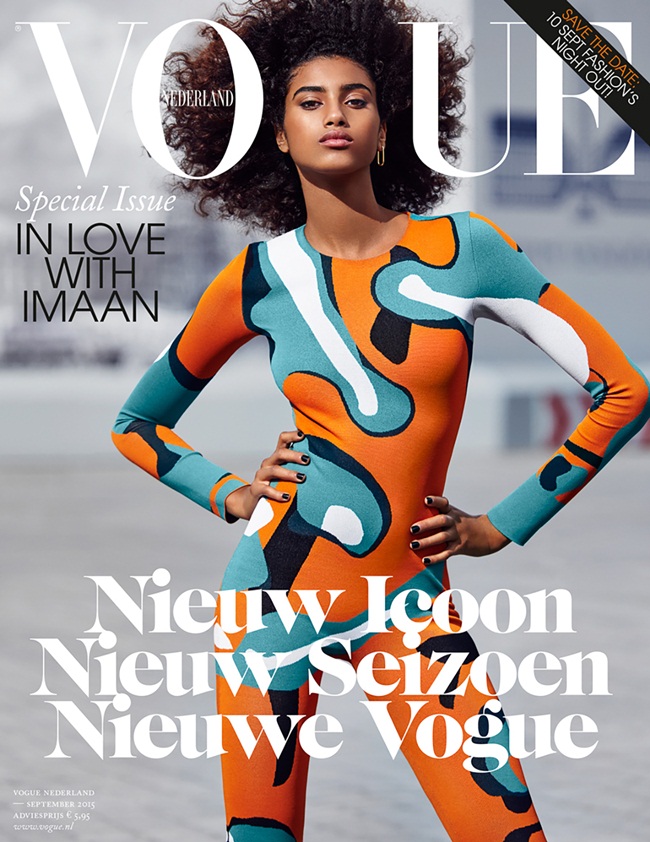 Vogue Netherlands September 2015, Imaan Hammam Christian Dior 2015 AW RTW Orange Popart Printed Knit Jacquard Bodysuit Editorials