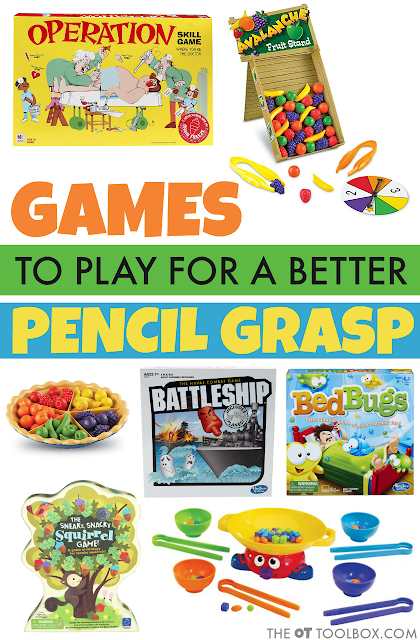 Add these games to improve pencil grasp to occupational therapy activities that help with fine motor skills and the skills needed for better handwriting and pencil grasp in kids.