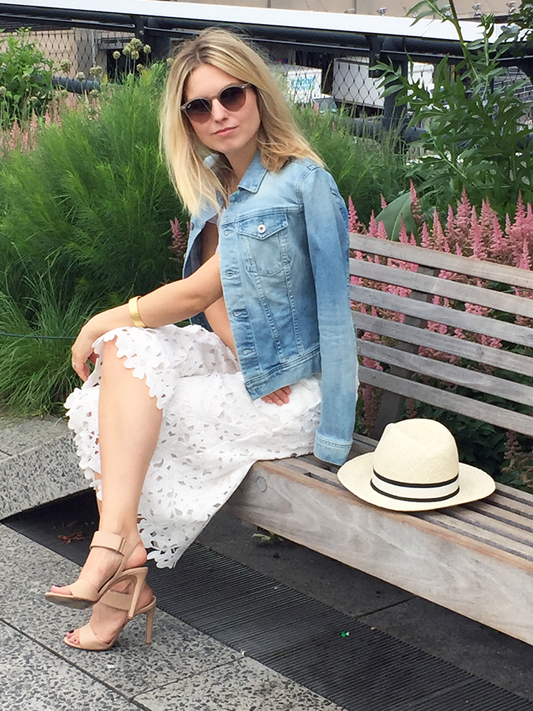 AG Jeans denim jacket, Line & Dot lace culottes, Vince nude Gemma heels