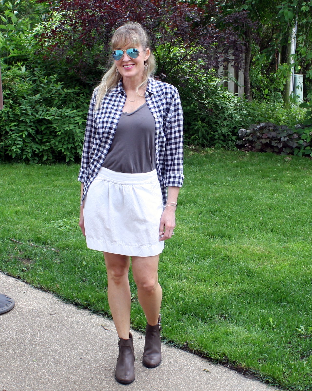 cute outfit with white skirt and gingham top