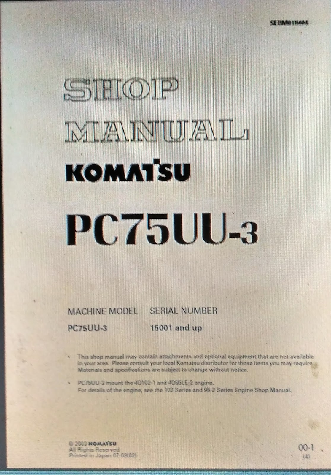 Shop Manual Komatsu Excavator PC75uu-3 tersedia Shop Manual Komatsu  Excavator PC75uu-3 serta