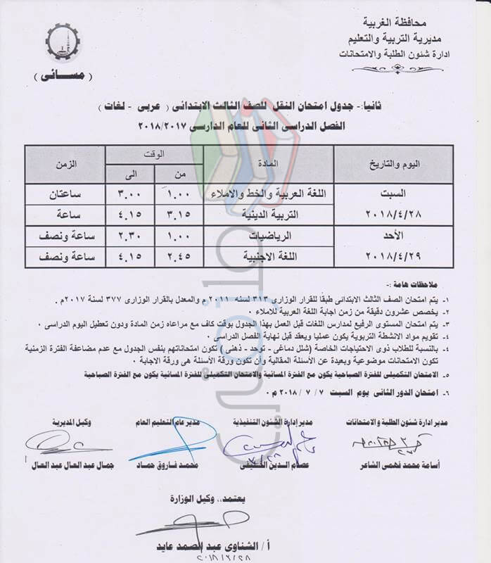 جدول امتحانات الصف الثالث الابتدائي 2024 الترم الثاني محافظة الغربية