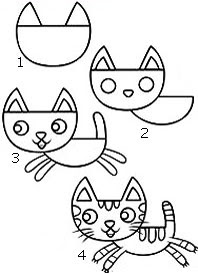 4 Langkah mudah menggambar Kartun Kucing dari bentuk Setengah LIngkaran bervariasi