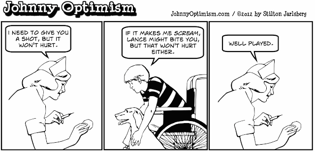Johnnyoptimism, johnny optimism, medical humor, sick jokes, stilton jarlsberg, wheelchair, nurse, shot