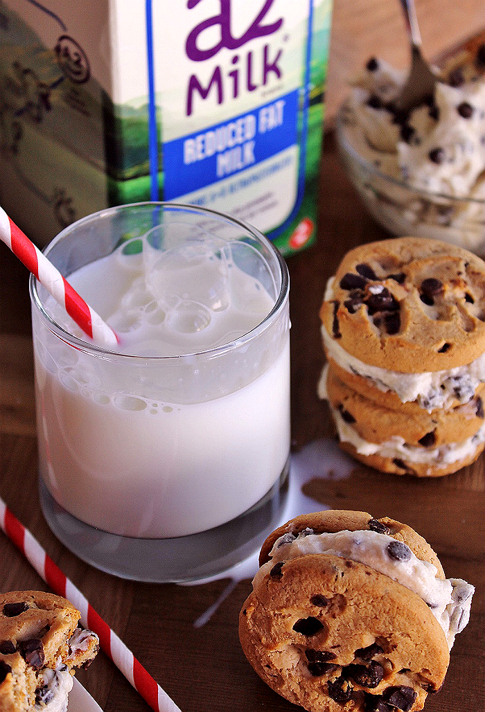 Cookie Dough Stuffed Cookie Sandwhiches- #a2Milk is naturally free of the bothersome (tummy trouble causing) A1 protein because it comes from heirloom a2 cows that are naturally free of it. So you can enjoy all your favorite foods with milk again. #IC (ad)
