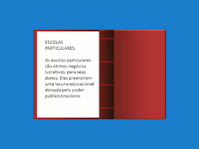 A imagem traz um formato de um livro aberto e está escrito:as escolas particulares são ótimos negócios lucrativos para seus donos. Elas preenchem uma lacuna deixada pelas escolas públicas brasileiras.E aqueles que são postulantes a uma das vagas nessas instituições educacionais para efetuarem as matriculas dos filhos.