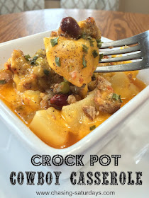 Chasing Saturdays, Crock Pot Cowboy Casserole is a hearty meal and combines all of our favorite ingredients into one dish.