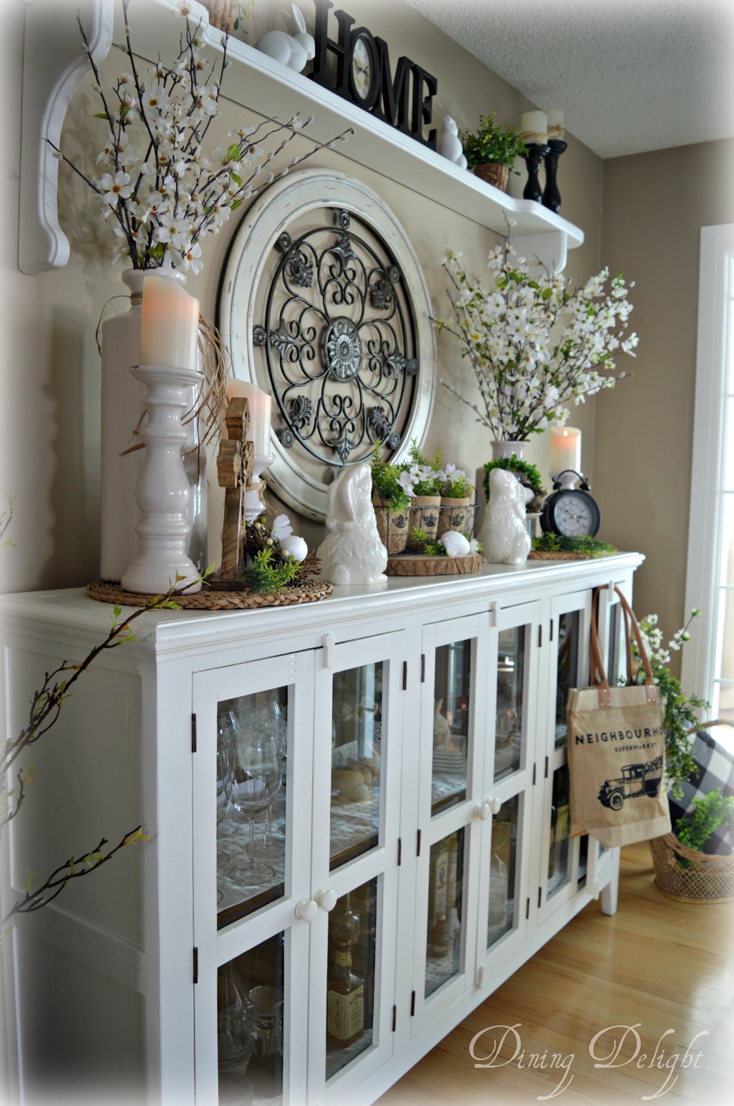 Dining Delight Easter Decor on Kitchen Sideboard